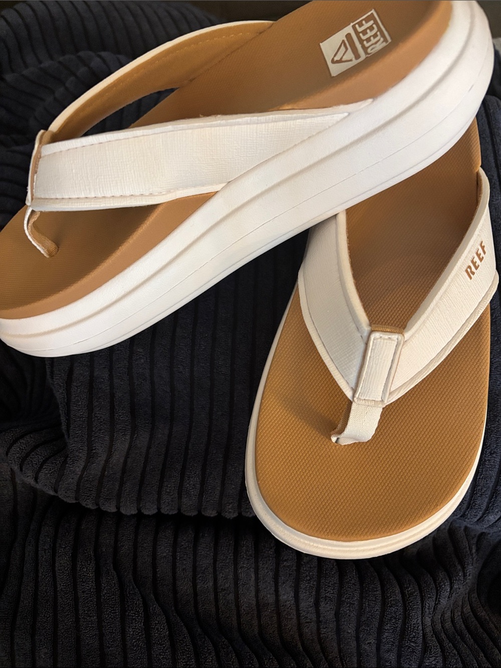 Reef White Strap Platform Sandals with Tan Footbed